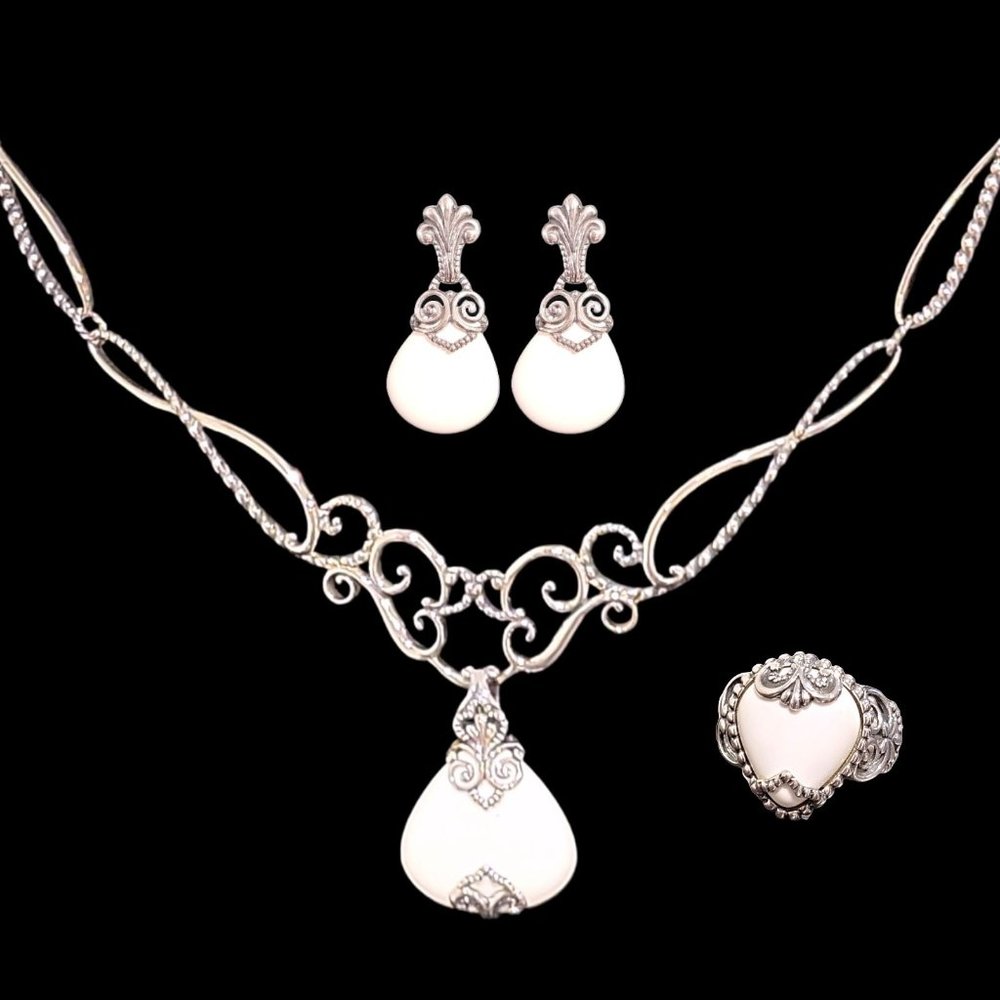 CAROLYN POLLACK 925 NECKLACE, WHITE AGATE ENHANCER, RING, AND EARRINGS